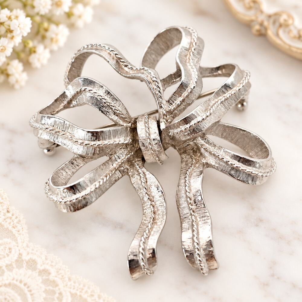 Vintage Monet Silver Tone Ribbon Bow Brooch 2.25” Textured Bowcore Coquette